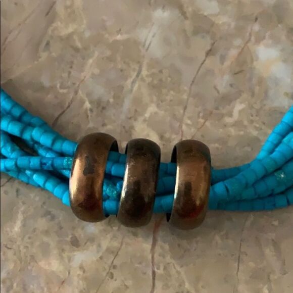 Vintage Turquoise multistrand necklace 3 copper rings with clasp closure - Picture 3 of 5